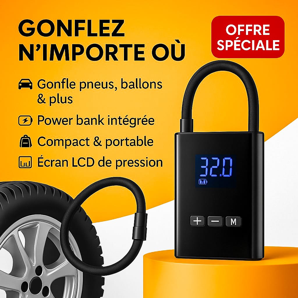 Pompe à air sans fil 2-en-1 🚗⚡ Gonflez vos pneus + rechargez vos appareils partout livraison gratuite