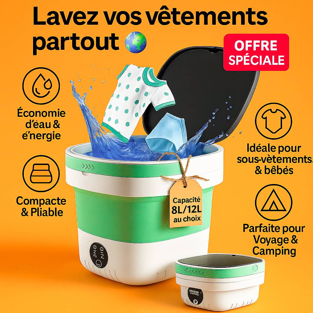 Mini Machine à Laver Portable 8L – Compacte, Pliable & Facile à Transporter + livraison gratuite